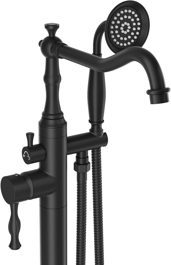 Matte Black Bathtub Faucet Freestanding Tub Filler High Pressure Single Handle Bathtub Filler Floor Mounted Brass Bathroom Tub Faucets with Handheld Shower