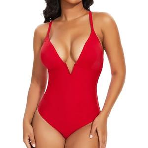 SHAPERIN Women's One Piece Swimsuit Deep V Neck Bathing Suits Tummy Control Push Up Padded Swimwear Size L