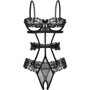 Avidlove Lingerie For Women Lace Bodysuit Strappy Underwired Babydoll Sleepwear One Piece Body Suit (Top M, Bottom L, Black)