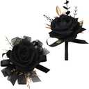2Pcs Corsage and Boutonniere Set Rose Wrist Corsage Wristlet Band for Wedding Flowers Prom Party Homecoming Decoration (Black)