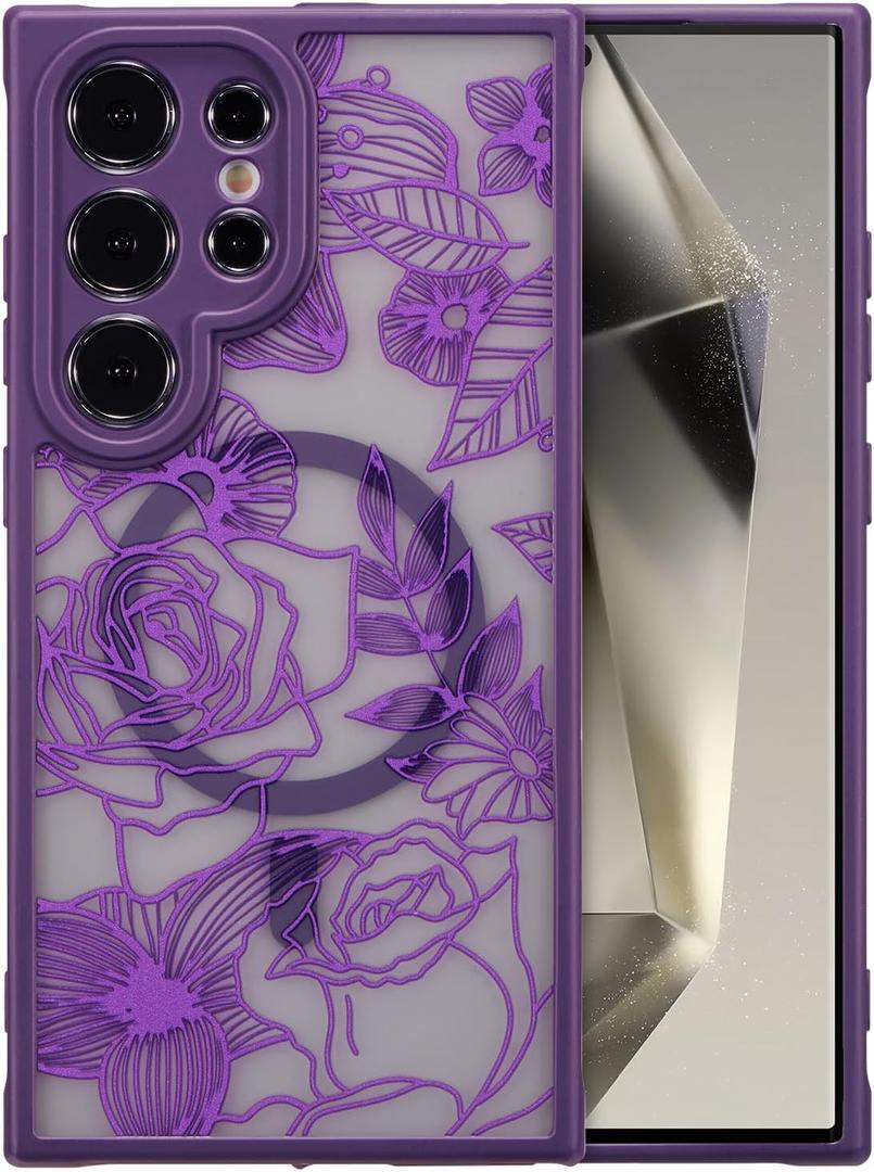 XIZYO Magnetic Case for Samsung Galaxy S24 Ultra Floral Rose Cute Phone Case [Compatible with Magsafe] for Women Girls Aesthetic Pattern Slim TPU Shockproof Bumper Cover, Purple