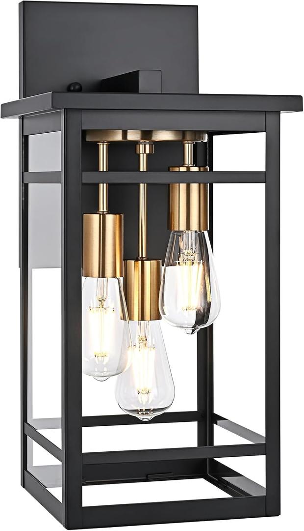 3 Lights Outdoor Wall Light Fixtures,Brass Black Modern Outdoor Wall Sconce Lights,Waterproof Exterior Lighting Fixtures Outside Lantern for Porch, House,Patio with E26 Base