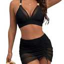 Blooming Jelly Womens High Wasited Bikini Sets Tummy Control Swimsuits Curvy Mesh Swim Skirt (Black, XXL)
