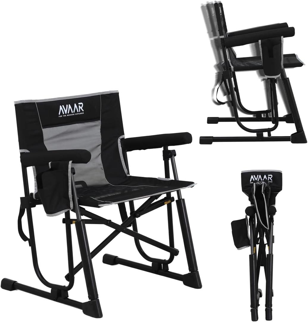 Go-Flow Compact Rocking Camping Chair,Durable Armrests,Drink Holder & Comfortable Backrest,Portable Travel Seat for Camping, Fishing, Lawn, Beach, Patio,400LBS Capacity, Black