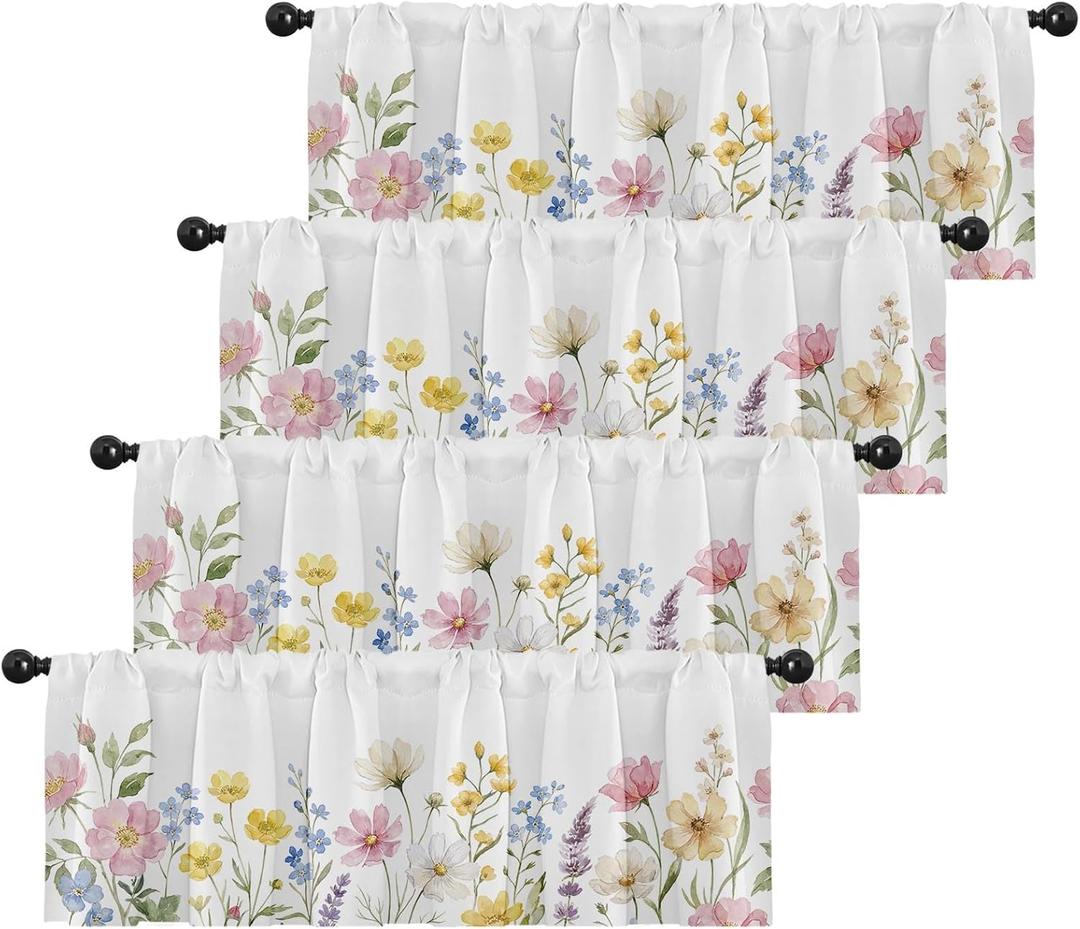 Emvency 4 Pack Valances Window Treatments, Spring Wildflower Flower Blackout Adjustable for Living Room Bathroom Bedroom Kitchen Over Sink, 52x18 Inch Rod Pocket Valances