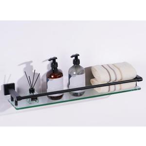 Glass Shelf for Bathroom Wall Shelves 24 inch Rectangular Stainless Steel Tempered Glass Modern Stainless Steel Wall Mount Accessories Organizers Storage (Matte Black), 24'' with Railing