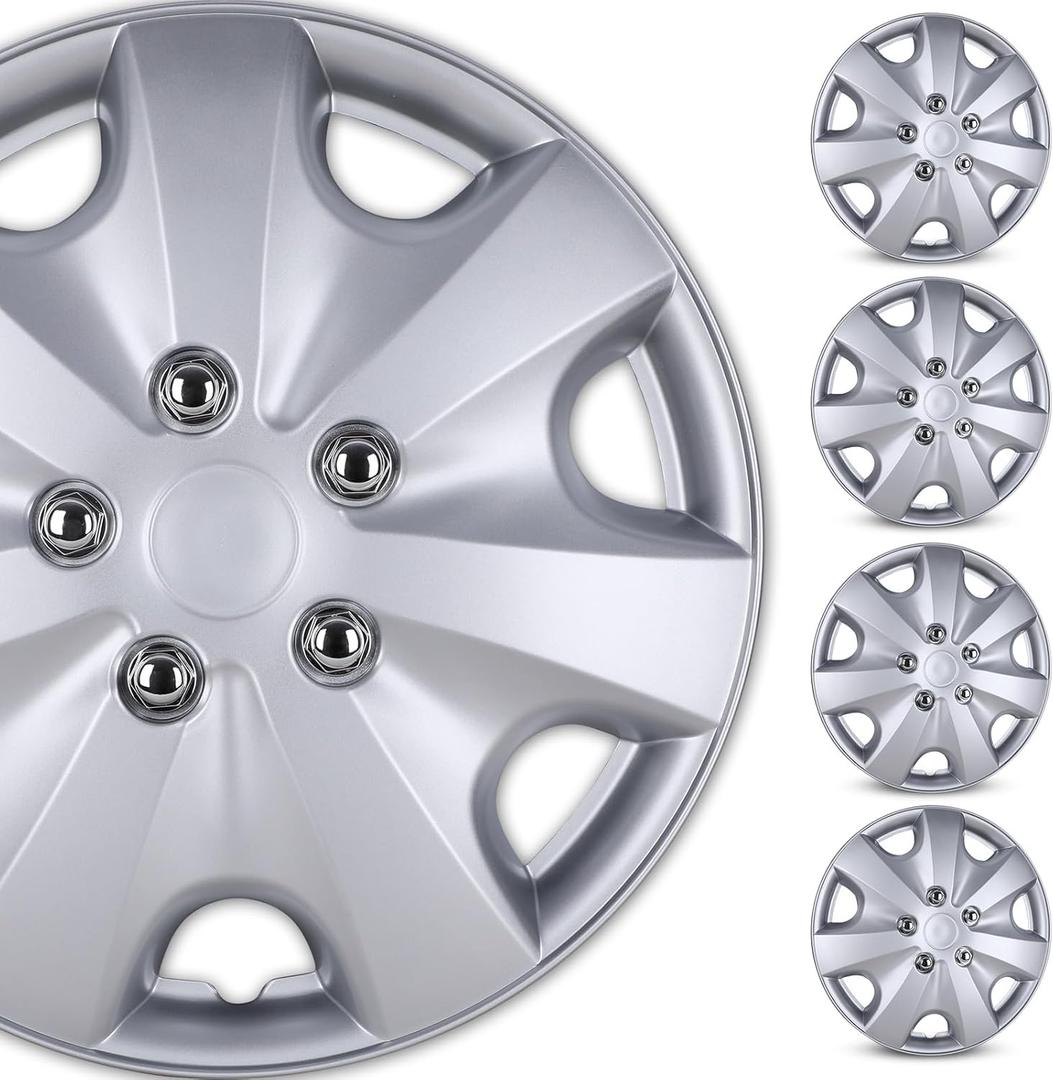 WOLFSTORM 16" Wheel Rim Covers Universal Hubcaps, Fashion Style Hubs Snap on Car Truck SUV ABS Plastic Exterior Accessorios - Set of 4 (Regular Silver)