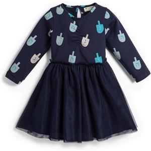 Monica + andy Long Sleeve Tulle Dress, Size 36 Months, Hanukkah Dreidels, 100% Organic Baby Clothes for Girls, Holiday Outfit, Sustainable Super Soft Fabric, Sizes For Kids, Toddler, Infant & Newborn