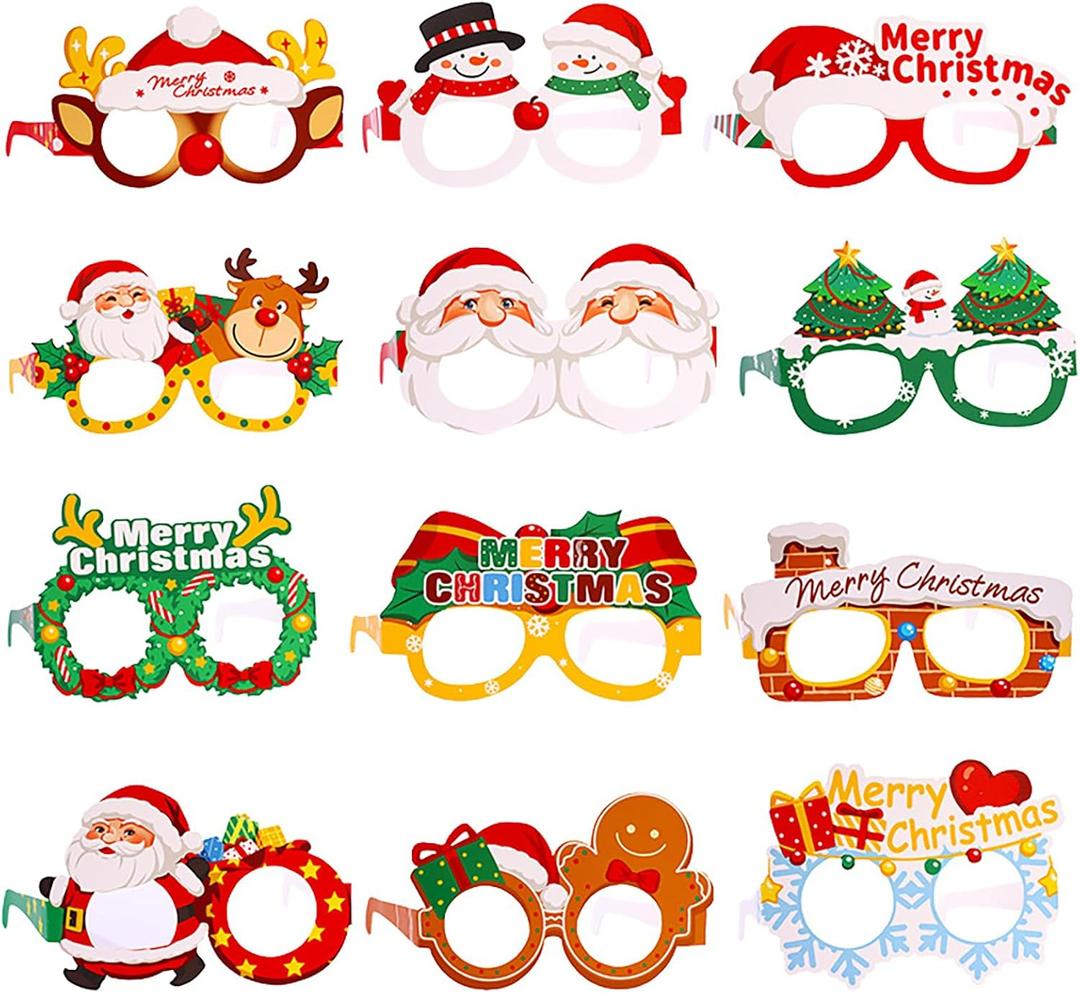 Christmas Glasses, Christmas Party Favors & Decorations - 12Pack Funny Cartoon Paper Glasses for Parties, Santa Reindeer Snowflake Designs, Photo Booth Props Festive Supplies