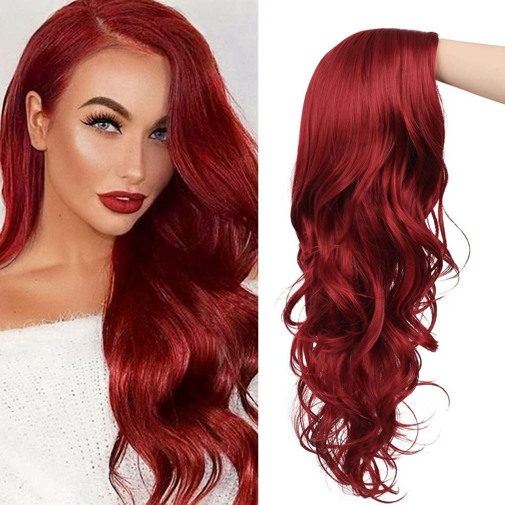 Red Wigs Long Curly Wavy Wigs for Women Side Part Natural Looking Cosplay Halloween Synthetic Fiber Wig (Red)