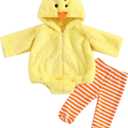 Twopumpkin Baby Chick Halloween Costumes Cute Infant Toddler Girl Boy Duck Costume Cape Sleeve Fuzzy Romper+Striped Leggings (Hooded Chicken 2pcs Yellow, 6-12 Months)