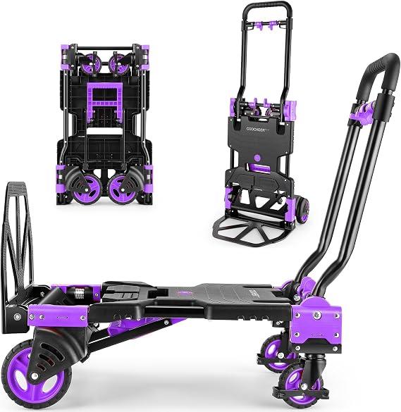 Folding Hand Truck Dolly, 330lb Convertible 4 to 2 Wheel Moving Cart, Purple Dolly Cart with Retractable, Aluminum Alloy & Cast Iron Build, Nylon Wheels, Compact Fold for Moving, Office, Delivery, Outdoor