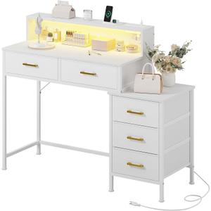 KOUSEI Vanity Desk Without Mirror, 47'' Small Makeup Vanity with 5 Fabric Drawers, White Dressing Table with Charging Station, Modern Simple Home Office Desks, Makeup Dressing Table Bedroom,White