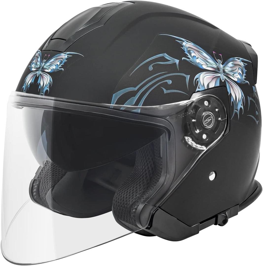 VCAN V88 3/4 Open Face Motorcycle Scooter Helmet ECE & DOT Approved (Small, Matte Black Butterfly)