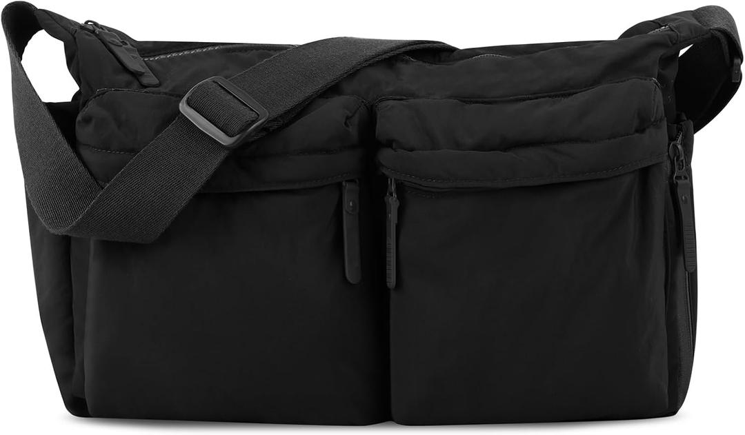 Nylon Crossbody Messenger Bag for School, Women Large Shoulder Bag Hobo Tote Bag Lightweight Computer Crossbody Bag (Black)
