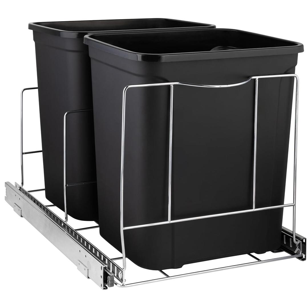 HOLDN STORAGE Pull Out Double Trash Can Under Cabinet - Two 7 Gallon Trash Can Included, Adjustable, Heavy Duty, 17 Wide Cabinet Opening - Anti Rust Chrome Finish