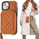 Bocasal Crossbody Wallet Case for iPhone 15, RFID Blocking PU Leather Zipper Handbag Purse Flip Cover, Kickstand Folio Case with Card Slots Holder Wrist Strap Lanyard 5G 6.1 Inch (Brown)