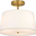 Modern Cone-Shaped Semi Flush Mount Ceiling Light Fixture, 3-Light Drum Lamp with Gold Brass Finish and White Fabric Shade for Bedroom, Kitchen, Dining Room, Hallway, Entryway, and Foyer 