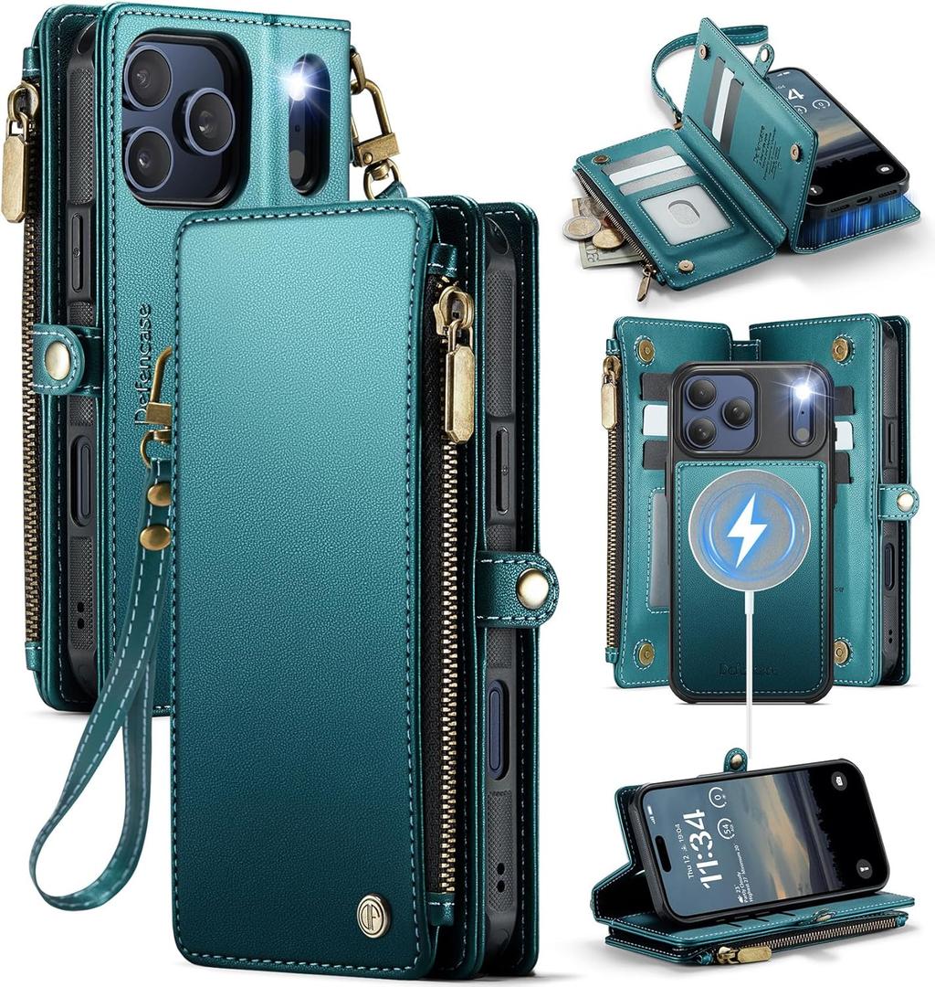 Defencase for iPhone 17 Pro Magnetic Wallet Case Compatible with Magsafe with RFID Blocking Zipper & Card Holder for Women Men PU Leather Strap Detachable Case for iPhone 17 Pro (6.3 inch), Blue Green