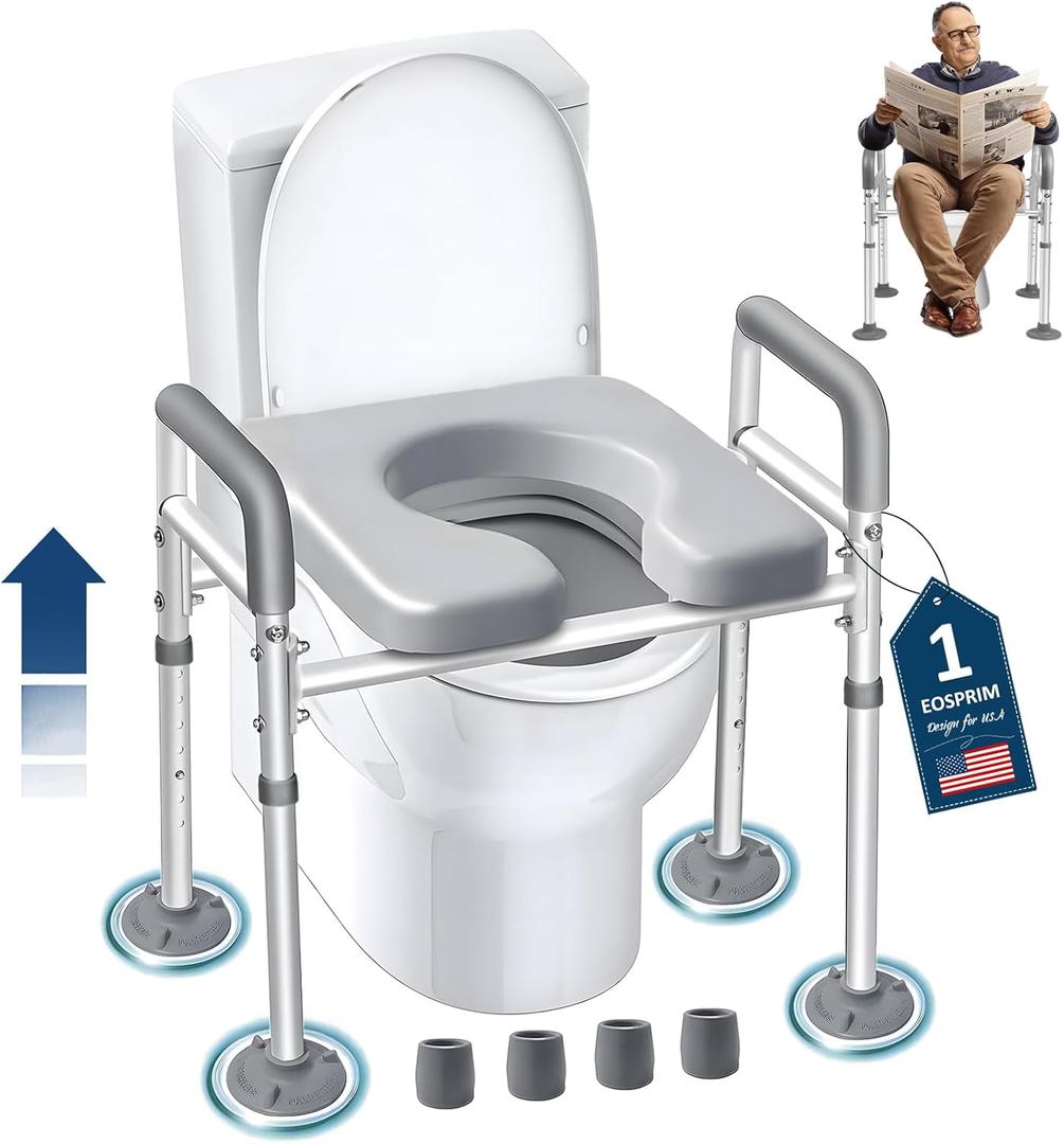 Eosprim Toilet Seat Risers for Seniors Elongated, Raised Toilet Seat with Handles, Toilet Safety Frames & Rails for Elderly and Handicap, Elevated Shower Commode Chair with Arms, Toilet Lift Grab Bar (Silver)