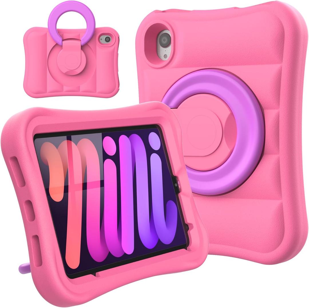 Kids Case for iPad mini 7 (A17 Pro) 2024 / Mini 6th Gen 2021 8.3 inch  Lightweight Flexible Shockproof Rotating Stand Handle Rugged Cover for iPad mini 7th 6 Generation Girls Boys, Pink