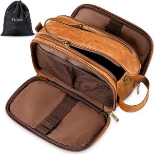 Elviros Toiletry Bag for Men, Large Travel Shaving Dopp Kit Water-resistant Bathroom Toiletries Organizer PU Leather Cosmetic Bags (Large (Pack of 1), Brown)