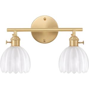 Bathroom Light Fixtures, 2-Light Brass Vanity Wall Light Over Mirror with White Tulip Glass Shade for Bedroom Living Room (Hardwired)