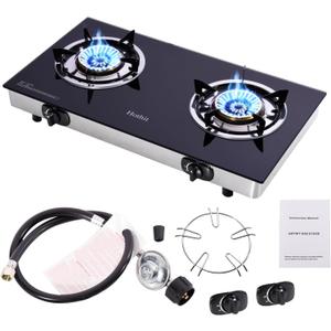 Hothit Portable 2 Burner Propane Stove Gas Cooktop, 28600 BTU Tempered Glass Auto Ignition for Outdoor Kitchen, Camping, RV, Small Apartment (Black)