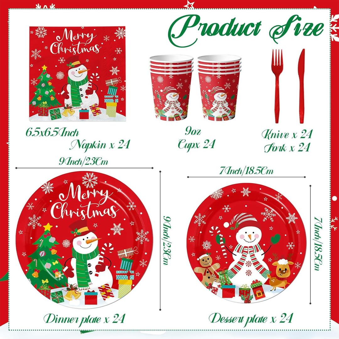 Christmas Paper Plates And Napkins, 144pcs Red Christmas Plates Set Snowman Xmas Tree Disposable Tableware for Winter Theme christmas Holiday Supplies,Serves 24