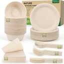 Disposable Paper Plates Set 300PCS Compostable Sugarcane Plates, Bowls, Heavy-duty Utensil, Biodegradable Napkins, Eco-friendly Dinnerware Set for Party Camping 50 People