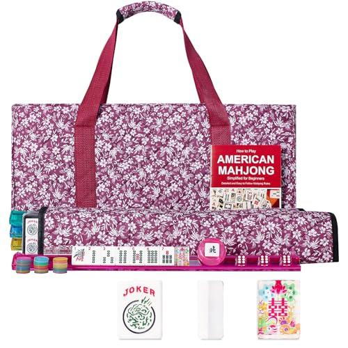 GUSTARIA American Mahjong Tile Set, 166 Acrylic Mahjong Tiles, 4 All-in-One Color Rack/Pushers, Complete Mahjong Game Set with Red Printed Carrying Bag