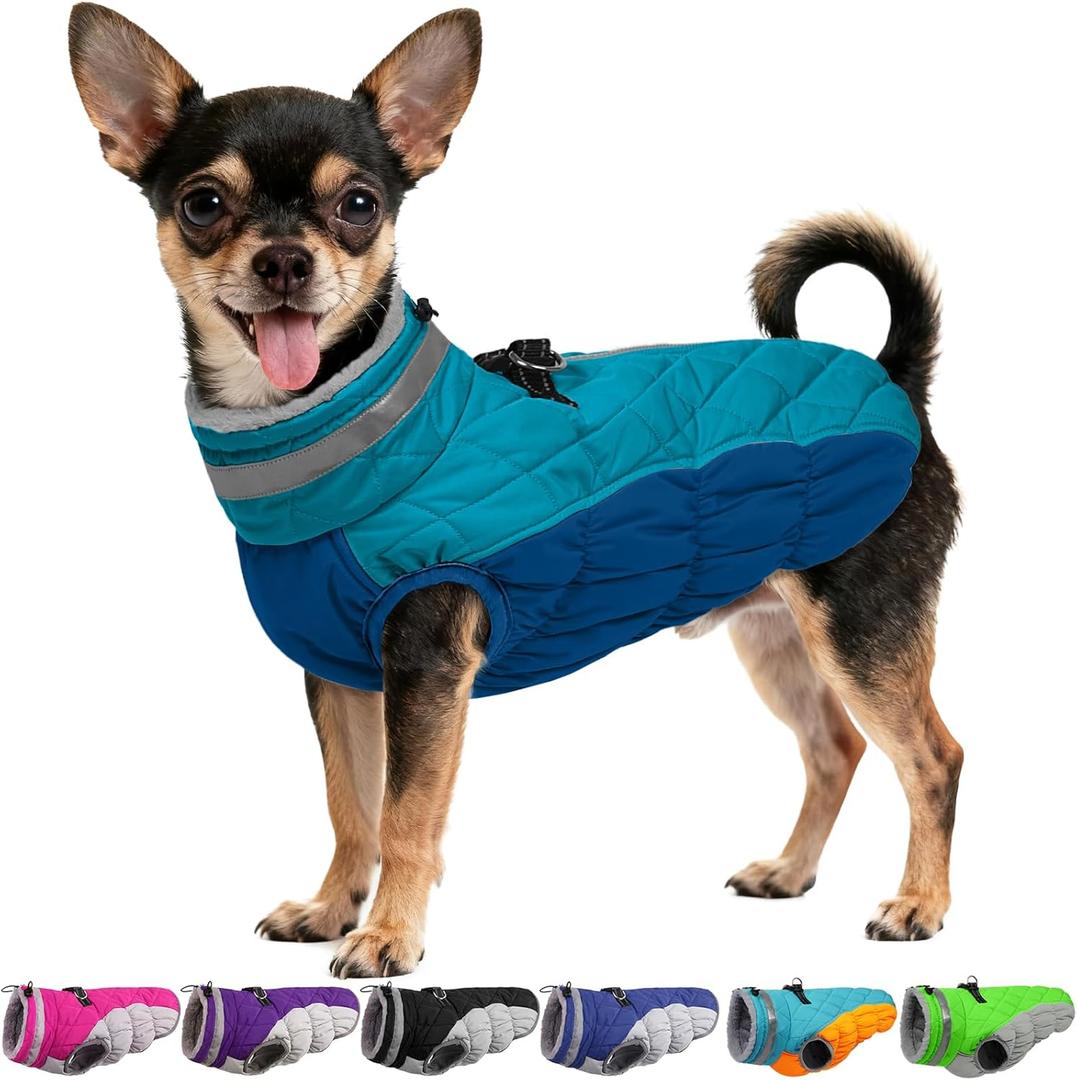 OUOBOB Dog Coats for Small Dogs, Puppy Coat, Warm Winter Jacket, XS Dog Coat with Harness Built in, Waterproof Pet Cold Weather Coats, Puppy Winter Clothes Snowsuit Chihuahua Maltese,XS (Dark Green)