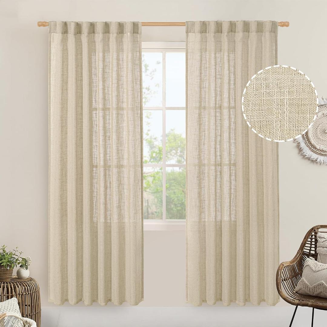 LAMIT Light Filtering Linen Curtains 80 inches Long for Bedroom, Faux Linen Textured Semi Sheer Back Tab and Rod Pocket Burlap Boho Modern Drapes for Living Room/Farmhouse, 2 Panels, 52 x 80 Inch