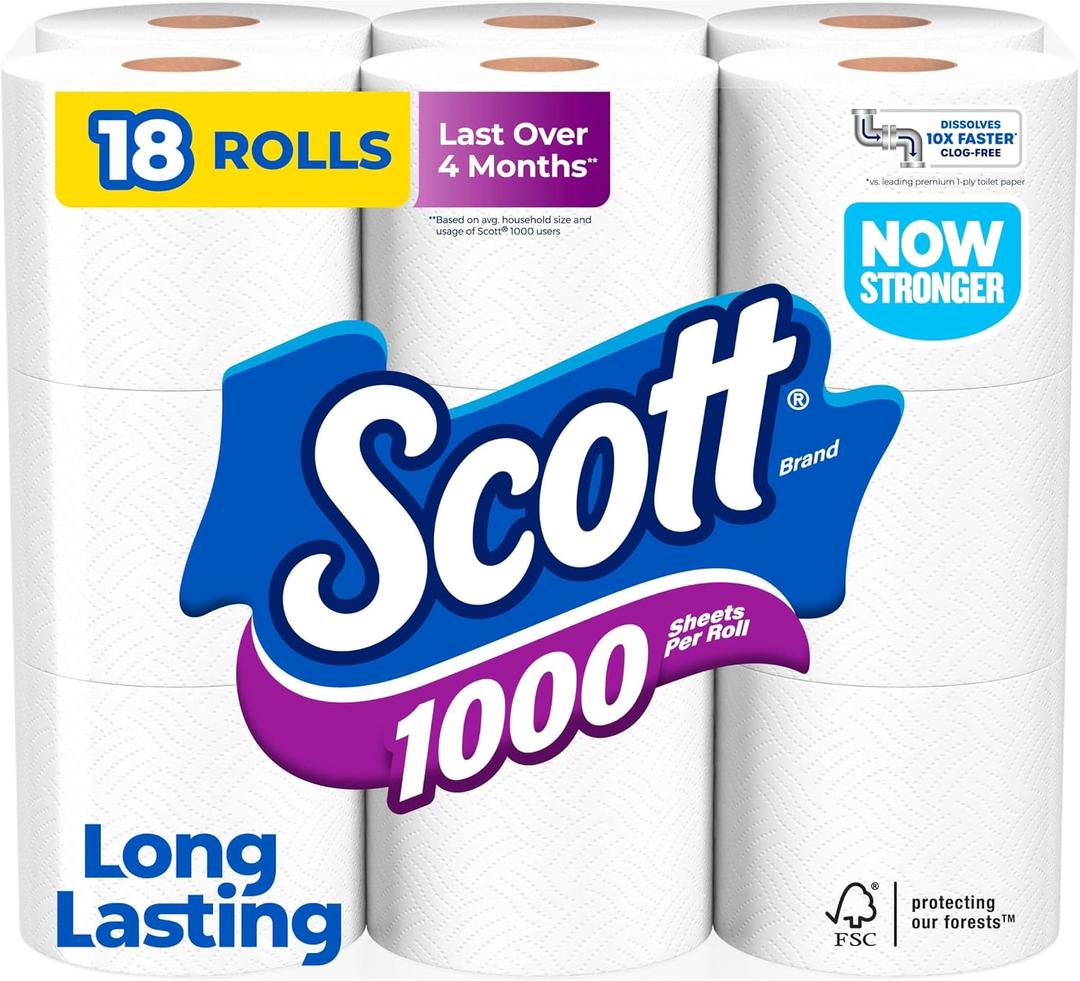 Scott 1000 Toilet Paper, 18 Rolls, Septic-Safe, 1-Ply Toilet Tissue