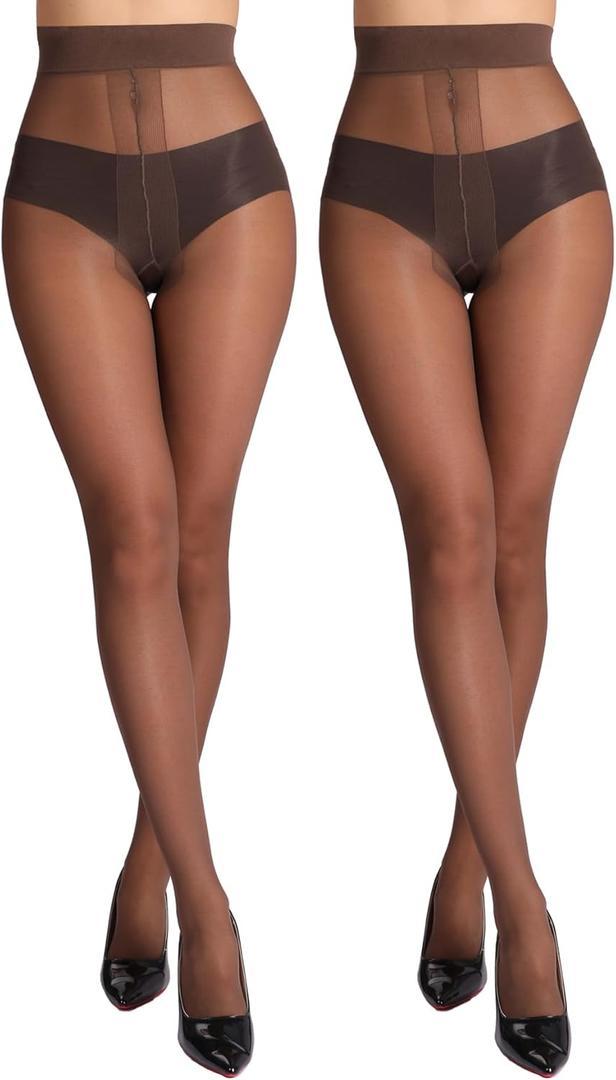 MERYLURE 20D Sheer Black Tights for Women, T-Crotch Ultra Thin Pantyhose High Waist Stockings Reinforced Toes 2 Pairs (Small, Coffee)