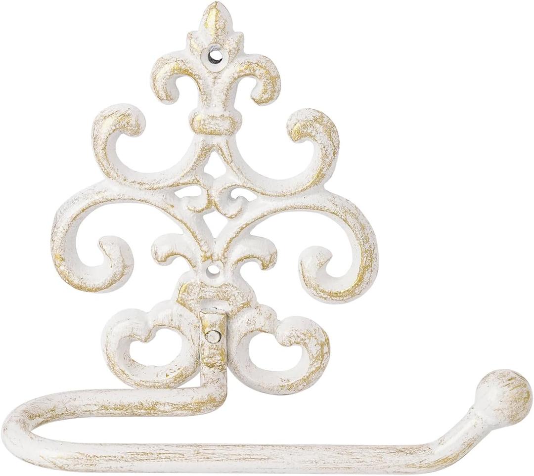 Sungmor Vintage Cast Iron Toilet Paper Holder - Wall Mounted Rustic Bathroom Tissue Holder with White & Gold Finish, Decorative Accent for Farmhouse, Victorian Dcor, Heavy Duty Metal Scroll Design
