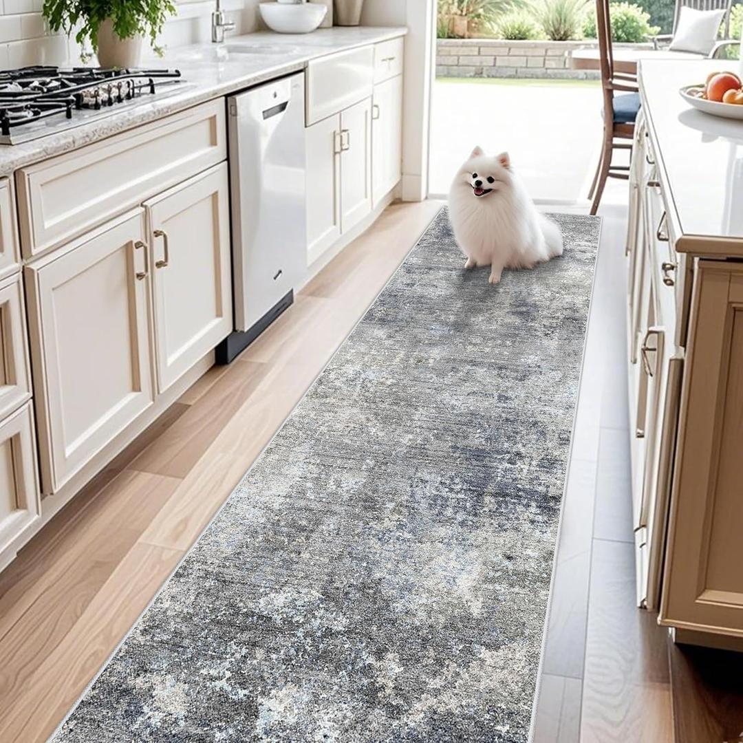 3x10 ft Long Hallway Runner Rug Non-Slip Washable Kitchen Floor Rug with Rubber Backing, Modern Low Pile Thin Wide Carpet Runners for Bedroom, Entryway IndoorBlue Grey,3x10