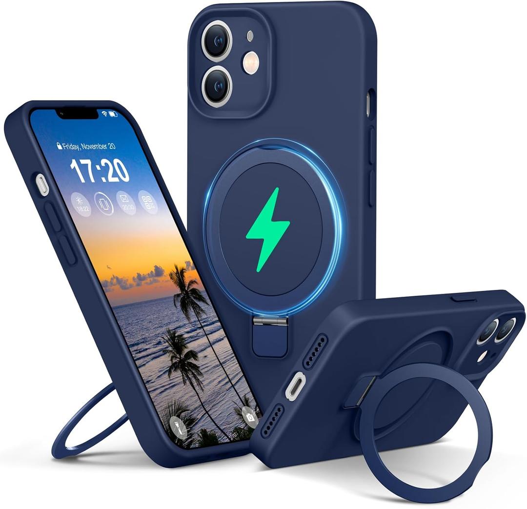 PuyaTeya Liquid Silicone Case for iPhone 12 with Magnetic Ring Stand, Upgraded Camera Lens Protection, Mil-Grade Drop Shockproof, Soft Anti-Scratch Microfiber Lining Silicone Case (Navy Blue)