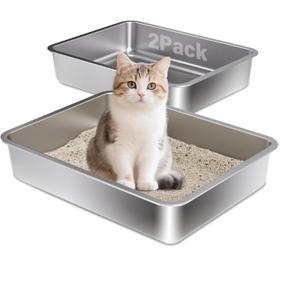 Stainless Steel Litter Box,Small Litter Box 2 Pack 17.7" x 13.7" x 4",Easy Entry Metal Litter Boxes for Kittens Cat Kitty Rabbits,Easy Clean Non Stick No Smell