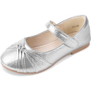 PANDANINJIA Girls Dress Shoes Flower Girl Mary Jane Flats Wedding Party School Shoes for Toddler Little Kid Big Kid (Silver, 12 M US Little Kid)