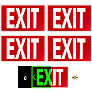EXIT Sign - Glow In The Dark Photoluminescent EXIT Sign- 12"x7" Red With Adhesive Backing and Removable Directional Arrows Waterproof, Fade Resistant,4-Pack Exit Signs for Business