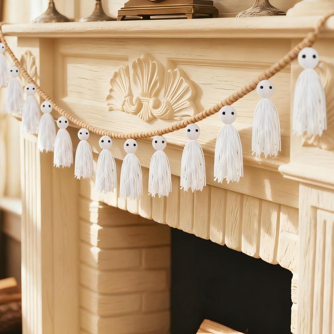 Tegeme 7ft Halloween Rustic Ghost Garland Decoration with Wooden Beads Rustic Ghost Banner Halloween Hanging Ghosts Garlands for Indoor Outdoor Wall Home Room Mantel Fireplace Decor(White)