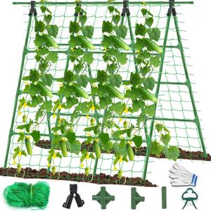 A-Frame Cucumber Trellis for Raised Bed - 63H x 47W, Heavy-Duty Detachable Garden Trellis with Netting & Clips, Support for Climbing Outdoor Cucumber, Tomatoes, Luffa, Bitter Melon, Vining Flowers