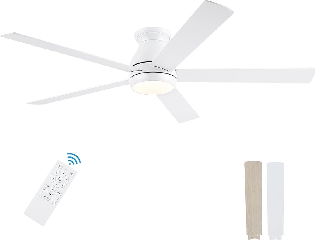 60 Inch White Ceiling Fans with Lights and Remote, LED Low Profile Flush Mount Ceiling Fan for Bedroom, Living Room, Quiet DC Motor, Dimmable 6 Speeds