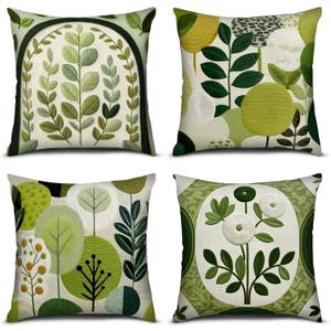 PICKFORU Green Boho Throw Pillow Covers Set of 4, 18x18 Inch Abstract Geometric Art Throw Pillow Case Bohemian Modern Art Cushion Case for Home Decorative Sofa Couch Bedroom Living Room