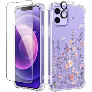 GVIEWIN for iPhone 12&iPhone 12 Pro Case Floral, with Screen Protector & Camera Lens Protector,[Non Yellowing] Soft Shockproof Clear Phone Protective Cover for Women, Flower Pattern 6.1"(Floratopia)