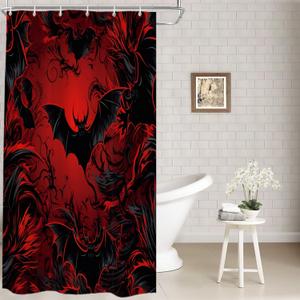 Batmerry Halloween Bats Red Animal Decor Shower Curtain, Black Animal Gothic Gloomy Map Bathroom Decor Polyester Fiber Plastic Rings Quick-Drying Waterproof for Bathtubs/Bathroom, 72x36 inches