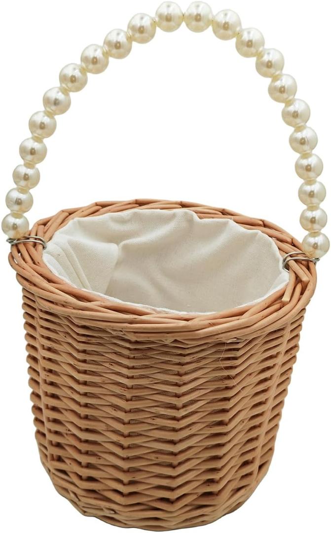 Rustic Wicker Rattan Wedding Flower Girl Baskets,Woven Rattan Storage Basket with Pearl Handles,Woven Eggs Candy Basket for Wedding Home Garden Decor (B)
