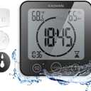 KADAMS Shower Clock Waterproof Bathroom Timer Digital Wall Clock with Countdown, Magnetic Kitchen Clock with Temperature & Humidity, Suction Cup for Kids Shower Spa Cook Bath (Black)