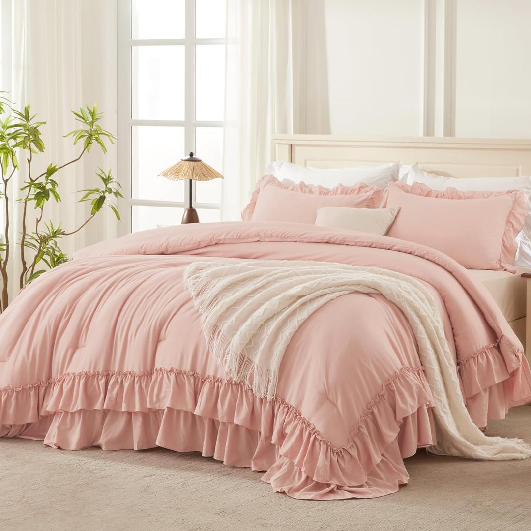 Andency Blush Twin Size Comforter Set(66x90Inch), 2 Pieces Farmhouse Shabby Chic Ruffle Comforter Set for Kids, Lightweight Fluffy All-Season Soft Polyester Bedding Set